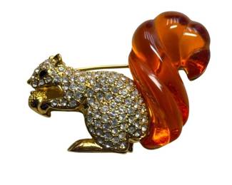 Nolan Miller Rhinestone Squirrel Brooch with Amber-Tone Lucite Tail