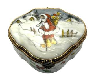Limoges France Porcelain Trinket Box Featuring a Hand-painted Winter Christmas Scene