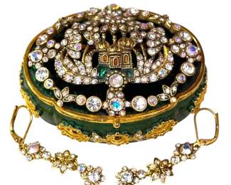 Joan Rivers Vintage Rhinestone Castle Brooch, Earrings & Enamel Trinket Box Set