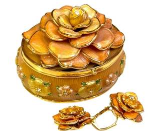 Joan Rivers Collector’s Edition Enamel Rose Brooch, Earrings & Trinket Box Set