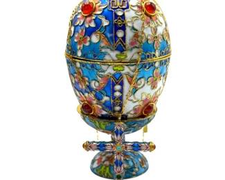 Vintage Cloisonné Jeweled Egg with Miniature Sword & Display Stand