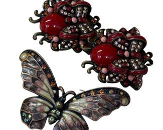 Joan Rivers Butterfly Brooch & Jeweled Ladybug Clip-On Earrings Set