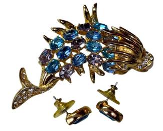 Kenneth Jay Lane Jeweled Tropical Fish Brooch & Blue Crystal Earrings
