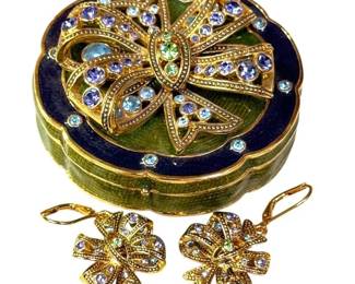Joan Rivers Enamel & Rhinestone Bow Brooch, Earrings & Trinket Box Set
