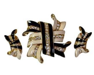 Kenneth Jay Lane Black & Ivory Enamel Crystal Brooch & Earrings Set