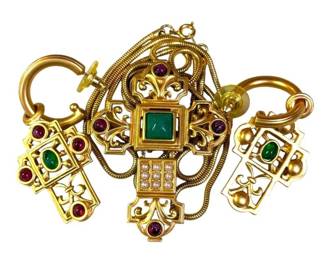 Elizabeth Taylor for Avon Vintage Faux Emerald, Ruby & Pearl Necklace, Earrings & Brooch Set