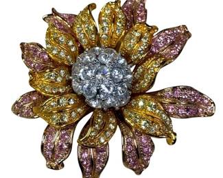 Nolan Miller Pink & Yellow Crystal Floral Statement Brooch