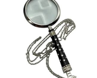 Vintage Joan Rivers Silver-Tone Black Enamel & Crystal Magnifying Glass Pendant Necklace