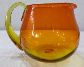 Blenko tangerine squat art glass orange and yellow amberina pitcher
