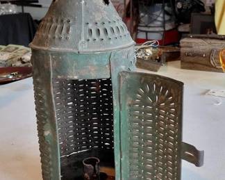 Antique cone top or witch's hat punched tin candle lantern 