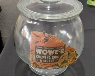 Candy jar with advertising for Wowee candy whistles halloween