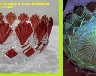 Rare circa 1903 Tranatum "ladder and diamonds" pattern ruby red / cut to clear bowl.  Glows green under black light due to either uranium or manganese content or both.  
