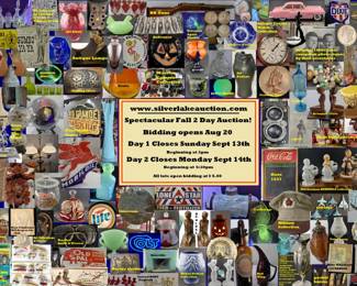 This auction has 825+ lots and will end on 2 different days being Sunday afternoon 9/13/26 beginning at 2pm and on Monday 9/14/26 beginning at 6:30 pm .  There is not enough room here to show pictures of all the wonderful items so please visit the catalog! www.silverlakeauction.com