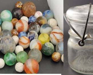 old marbles and antique half pint fruit jar