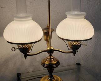 brass student desk  lamp w double fixtures