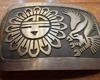 Sterline silver sun eagle native american crafted belt buckle, probably by Calvin Peterson or Dorothy Martinez. 