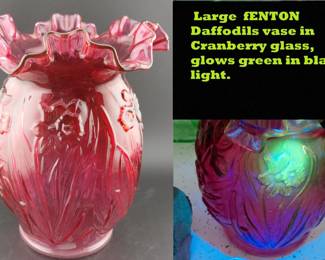 Fenton daffodils vase in cranberry red.  Glows green under black light so likely uranium or manganese content. 