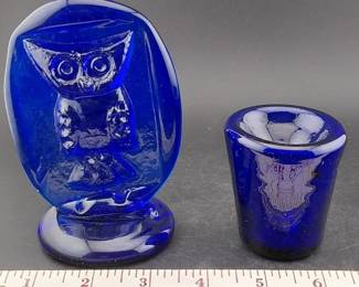 Pilgrim art glass owl paperweight + cobalt blue ink well