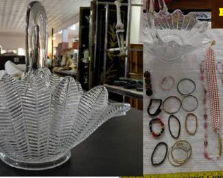 14 inch fern basket by L.E. Smith of Jeanette PA + vtg jewelry