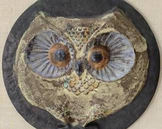 Tom Tru art pottery 3d owl wall hanging, mid century