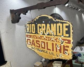 Rio Grande Gasoline 2 sided porcelain sign with wooden bracket