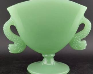 Fenton jadeite green fan vase with figural dolphins. 