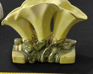McCoy triple calla lilly vase, signed with old mark.  Large collection of old McCoy pottery in this sale. 