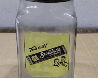 Large lidded glass candy jar with Switzer's Licorice advertising