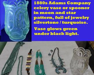 1880s Adams moon and star spooner or celery vase full of jewelry