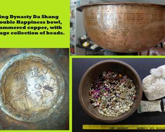 Huge 15 inch Qing Dynasty signed hammered copper bowl + beads