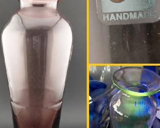 Blenko tall purple amethyst vase with original sticker, glows green in black light