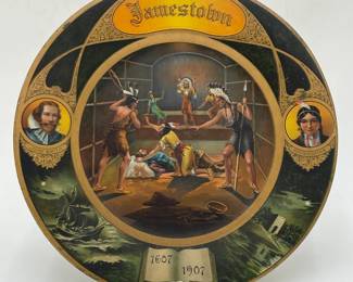 1907 Tin Vienna Art Plate "Jamestown" with Pocahontas & John Smith