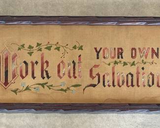 Motto Sampler in Walnut Criss Cross Frame, "Work Out Your Own Salvation"