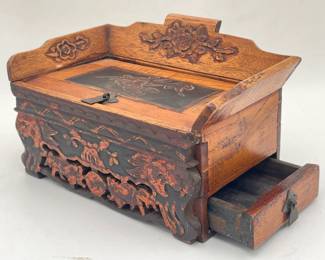 Decorative Wooden Calligraphy Box with Lift Top & Drawer on Side, Carved Floral Decorations