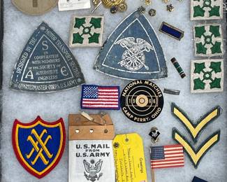 Collection of Vintage U.S. Military Insignia, Including Shoulder Sleeve Patches, Rank Chevrons, Pins, Buttons, Boy Scout Items, Etc.