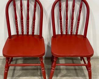 Pait of Red Painted Spindled Bow Back Child's Chairs