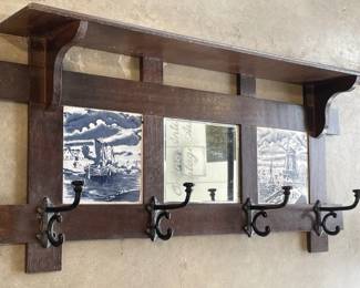 Mahogany Mirrored and Tile Back Hanging Wal Shelf with Coat Hooks
