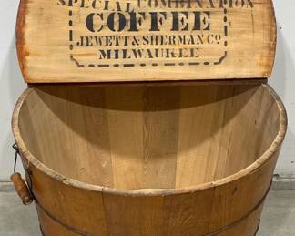 Round Wooden Advertising Coffee Bin, Country Store Display for Bulk Coffee, Jewett & Sherman Co., Milwaukee Original Stenciling