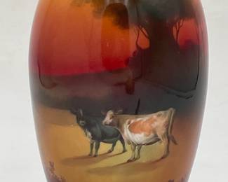Artist Signed Hand Painted Royal Doulton Holbein Vase Depicting Cattle in Sunset