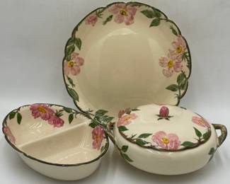 3 Franciscan Ware "Desert Rose" Serving Pieces, Covered Casserole, Round Platter, California Pottery