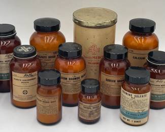 Lot of 13 Merck Amber Apothecary/Medicine Bottles & Canister