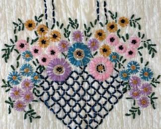 Hand Stitched Embroidered Floral Quilt and Matching Pillow Bolster Cover