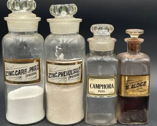 4 Apothecary Jars incl. Labels Under Glass with Stoppers