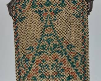 Fabulous Art Deco Mandalian Enameled Mesh Purse with Beads & Lining