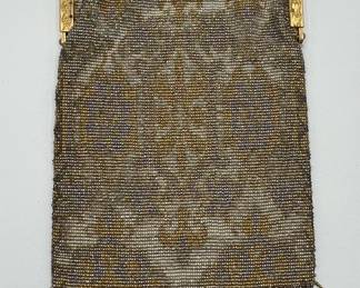 French Steel Cut Micro Beaded Evening Purse with Gold Gilt Metal Frame, Beaded Fringe and Lining