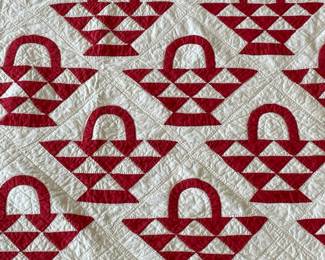 Early Fine Hand Stitched Red & White Basket Quilt