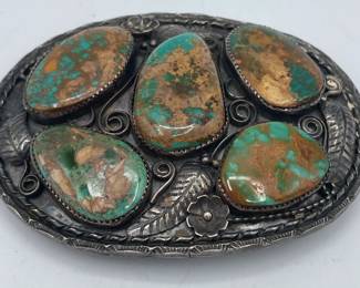 Native American Navajo Turquoise Belt Buckle with Leaf & Flower Design