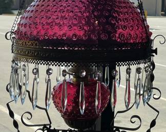 Dated 1886 Cranberry Hobnail Brass Frame Hanging Lamp with Prisms