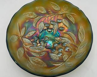 Millersburg Green Carnival Glass "Hanging Cherries" Bowl
