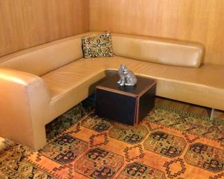 Buttery Carmel Tone Leather Sectional 7ft by 8ft w/Lucite Leg Support  - 10ft by 7ft Turkish Area Rug